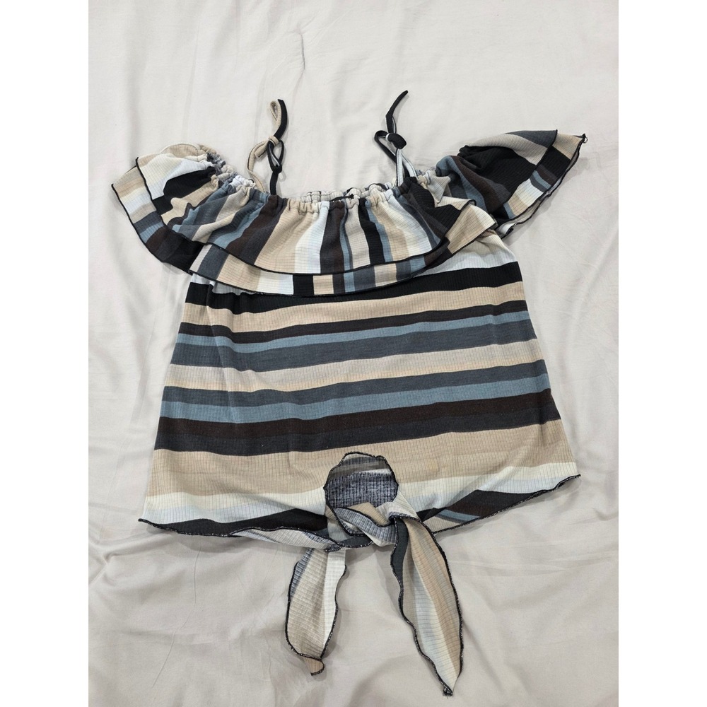 Women's Off Shoulder Striped Tie Front Ruffle Top m‎ size